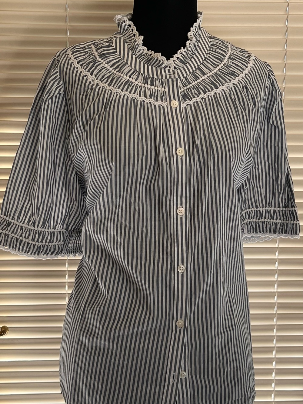 J. Crew Factory Navy and White Striped Ruffle Collar Button-Front Top